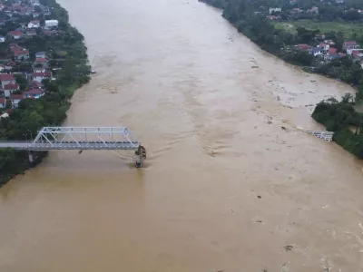 A bridge collapse due to floods triggered by typhoon Yagi in Phu Tho province, Vietnam on Monday, Sept. 9, 2024 (Bui Van Lanh/ VNA via AP)