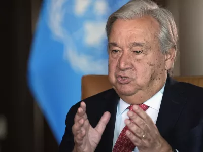 United Nations Secretary-General Antonio Guterres speaks during an interview at the United Nations headquarters, Monday, Sept. 9, 2024. (AP Photo/Pamela Smith)