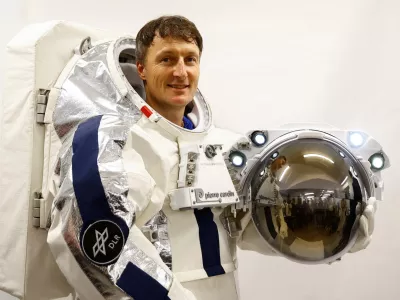 German astronaut Matthias Maurer wears an astronaut spacesuit set to go in space, designed by French fashion brand Pierre Cardin during a media event in Paris, France, September 9, 2024.REUTERS/Abdul Saboor