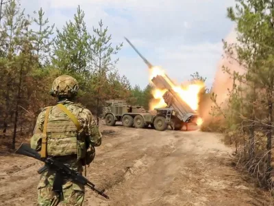 In this photo taken from a video released by Russian Defense Ministry press service on Tuesday, Sept. 10, 2024, an Uragan multiple rocket launcher fires at an undisclosed location. (Russian Defense Press Service via AP)