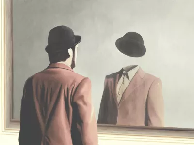 Illustration of man in front of mirror reflecting himself without face, identity absence surreal concept / Foto: Francescoch