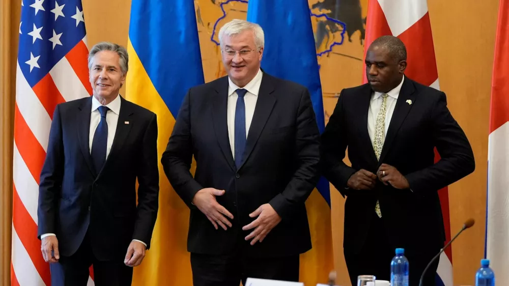 U.S. Secretary of State Antony Blinken and Britain's Foreign Secretary David Lammy meet with Ukraine's Foreign Minister Andriiy Sybiha at the Ministry of Foreign Affairs in Kyiv, Ukraine, Wednesday, Sept. 11, 2024. Mark Schiefelbein/Pool via REUTERS