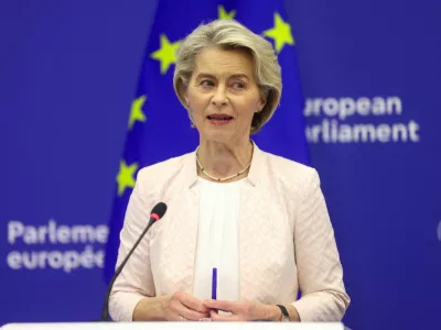 FILE PHOTO: Ursula von der Leyen attends a press conference after her re-election for a second term as President of the European Commission, at the European Parliament in Strasbourg, France, July 18, 2024. REUTERS/Johanna Geron/File Photo