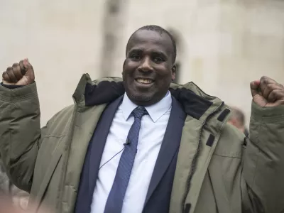 Oliver Campbell arrives for his appeal hearing at the Royal Courts of Justice, in London, on Feb. 28, 2024. (Jordan Pettitt/PA via AP)