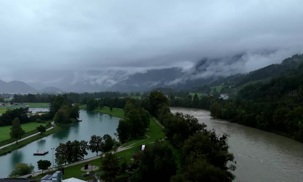 The Salzach river flows past the village of Kuchl near Salzburg, Austria,, September 13, 2024, as southern Germany and Austria expect heavy rainfall over the weekend.   REUTERS/Louisa Off