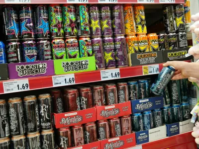 ET5FPJ Aisle with a variety of Energy drinks in metal cans in a Kaufland supermarket.