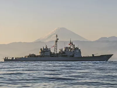 Ticonderoga-class guided-missile cruiser USS Antietam (CG 54) is underway off the coast of Japan near Mt. Fuji. Antietam is on patrol in the 7th Fleet area of operations in support of security and stability in the Indo-Asia-Pacific region, Nov. 22, 2014. The U.S. Navy is sailing the USS Antietam and the USS Chancellorsville warships through the Taiwan Strait Sunday, in the first such transit publicized since US House Speaker Nancy Pelosi visited Taiwan earlier in August, at a time where tensions have kept the waterway particularly busy. (Mass Communication Specialist Seaman David Flewellyn/U.S. Navy via AP)