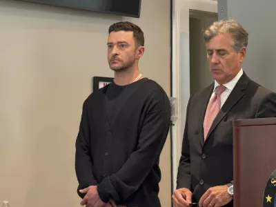 Justin Timberlake, left, appears in court with his attorney Edward Burke, Friday, Sept. 13, 2024, in Sag Harbor, N.Y. (T E McMorrow/Pool Photo via AP)