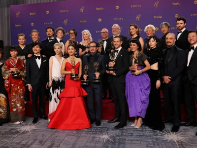 Anna Sawai, winner of the Outstanding Lead Actress in a Drama Series for "Shogun", Hiroyuki Sanada, Outstanding Lead Actor in a Drama Series for "Shogun" and cast and crew of the series, pose at the 76th Primetime Emmy Awards in Los Angeles, California, U.S., September 15, 2024. REUTERS/Mike Blake