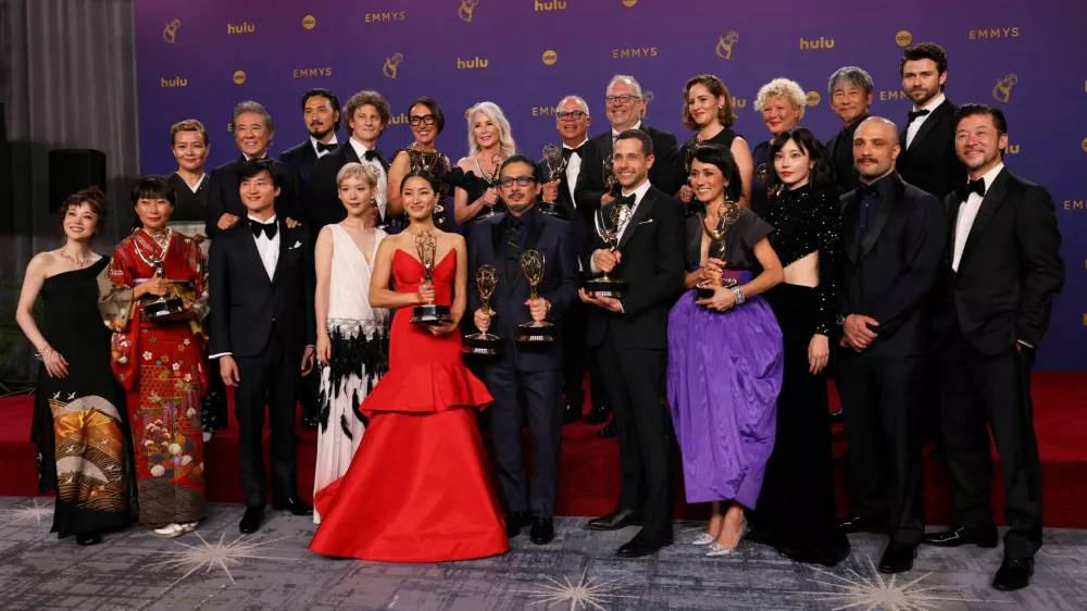 Anna Sawai, winner of the Outstanding Lead Actress in a Drama Series for "Shogun", Hiroyuki Sanada, Outstanding Lead Actor in a Drama Series for "Shogun" and cast and crew of the series, pose at the 76th Primetime Emmy Awards in Los Angeles, California, U.S., September 15, 2024. REUTERS/Mike Blake