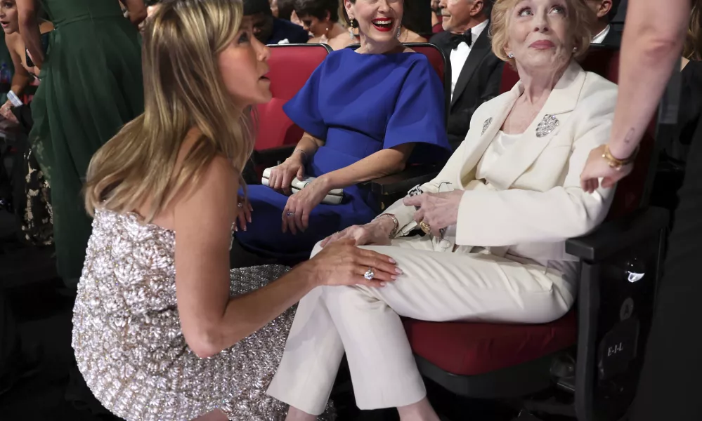 IMAGE DISTRIBUTED FOR THE TELEVISION ACADEMY – Jennifer Aniston, Sarah Paulson and Holland Taylor at the 76th Emmy Awards on Sunday, Sept. 15, 2024 at the Peacock Theater in Los Angeles. (Photo by Danny Moloshok/Invision for the Television Academy/AP Content Services)