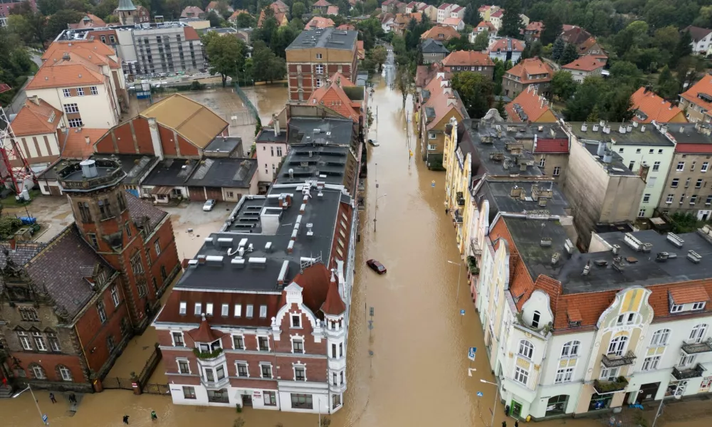 General view taken by drone of a flooded area by Nysa Klodzka river in Nysa, Poland September 16, 2024. REUTERS/Kacper Pempel