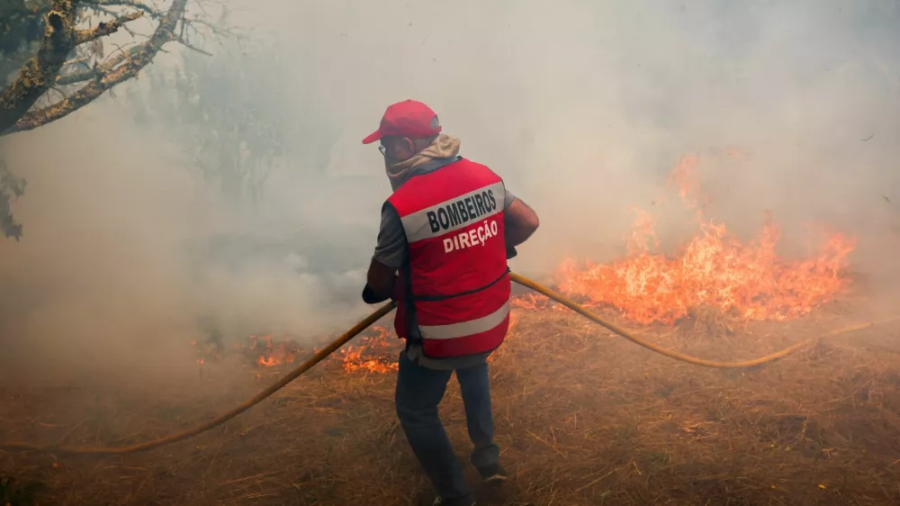 A firefighter works to extinguish a wildfire in Penalva do Castelo, Portugal, September 16, 2024. REUTERS/Pedro Nunes