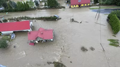 This handout photo provided by the Polish fire department, shows a flooded area near the Nysa Klodzka river in Nysa, Poland on Monday, Sept. 16, 2024. (KG PSP Photo via AP)