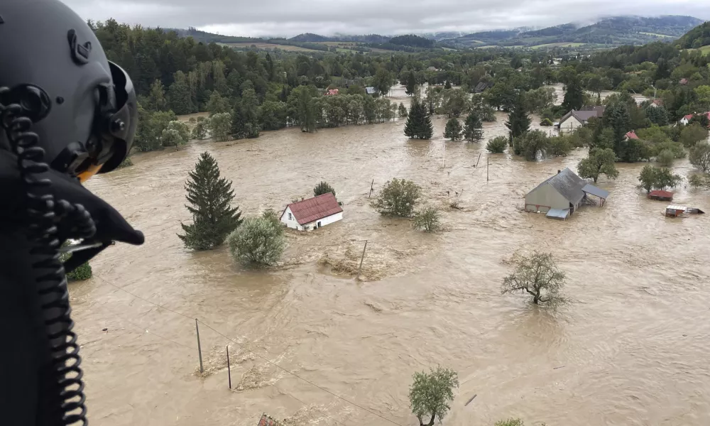 This handout photo provided by the Polish fire department, shows a flooded area near the Nysa Klodzka river in Nysa, Poland on Monday, Sept. 16, 2024. (KG PSP Photo via AP)