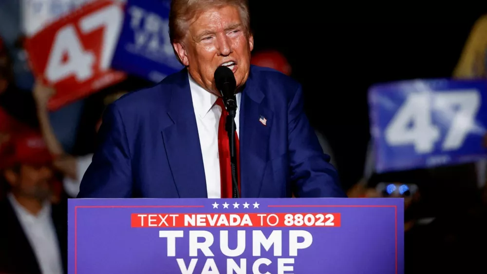 FILE PHOTO: Republican presidential nominee and former U.S. President Donald Trump speaks at a rally in Las Vegas, Nevada, U.S. September 13, 2024. REUTERS/Piroschka Van de Wouw/File Photo