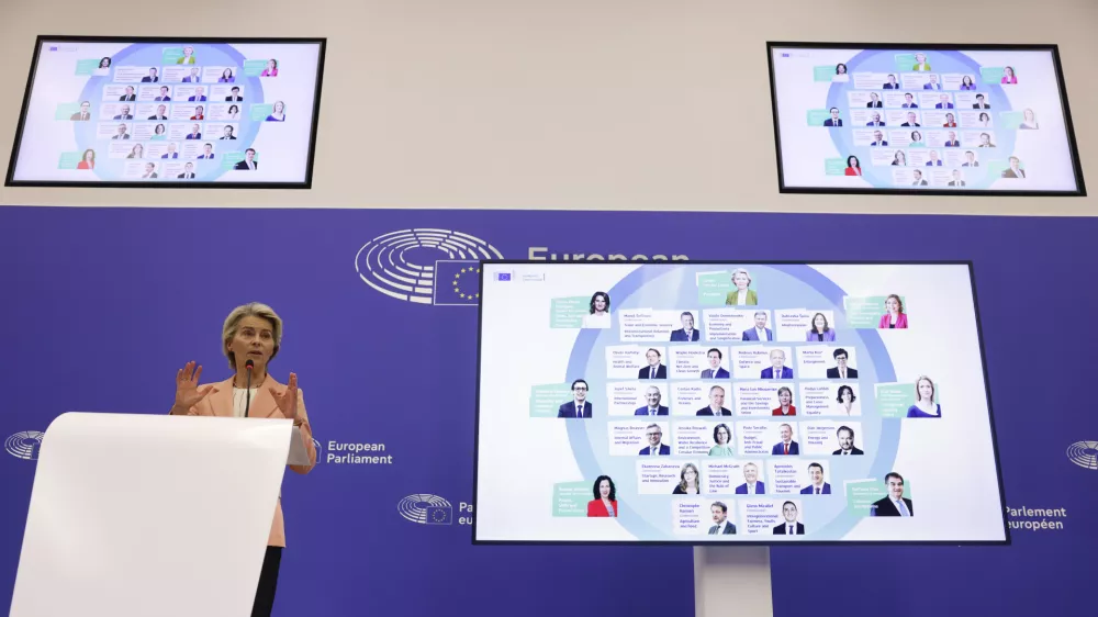 European Commission President Ursula von der Leyen presents her new team for the next five-year, during a press conference at the European Parliament, Tuesday, Sept. 17, 2024, in Strasbourg. (AP Photo/Jean-Francois Badias)