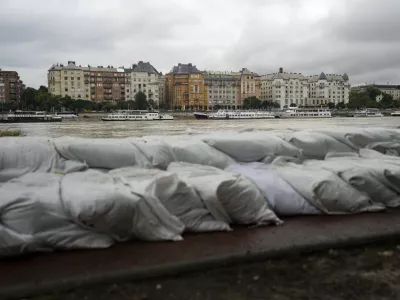 A dam is built to protect Margaret Island in Budapest, Hungary, due to the flooding of the Danube river on Monday, Sept. 16, 2024. (AP Photo/Denes Erdos)