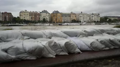 A dam is built to protect Margaret Island in Budapest, Hungary, due to the flooding of the Danube river on Monday, Sept. 16, 2024. (AP Photo/Denes Erdos)