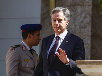 U.S. Secretary of State Antony Blinken walks at the Al-Ittihadiya Palace in Cairo, Egypt Wednesday, Sept. 18, 2024. (Evelyn Hockstein/Pool Photo via AP)