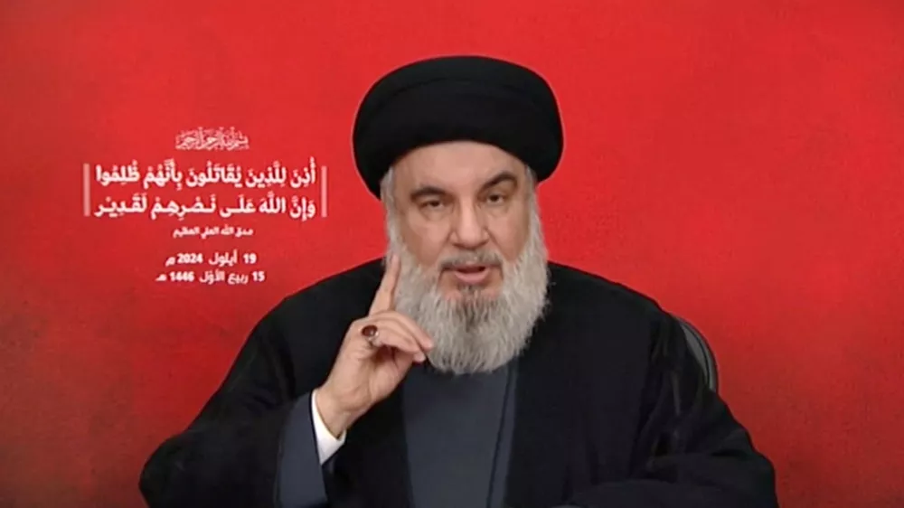 Hezbollah leader Sayyed Hassan Nasrallah gives a televised address, Lebanon, September 19, 2024, in this screenshot taken from a video. Al-Manar TV via REUTERS THIS IMAGE HAS BEEN SUPPLIED BY A THIRD PARTY. NO RESALES. NO ARCHIVES