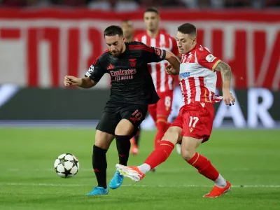 Soccer Football - Champions League - Crvena Zvezda v Benfica - Rajko Mitic Stadium, Belgrade, Serbia - September 19, 2024 Crvena Zvezda's Bruno Duarte in action with Benfica's Orkun Kokcu REUTERS/Marko Djurica