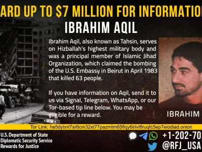 An undated photograph of Ibrahim Aqil, who serves on Hezbollah's top military body as a senior commander according to two security sources in Lebanon and the Israeli Army Radio, appears on a wanted poster circulated by the U.S. Department of State's Diplomatic Security Service entity "Rewards for Justice".  U.S. State Department/Handout via REUTERS. THIS IMAGE HAS BEEN SUPPLIED BY A THIRD PARTY NO RESALES. NO ARCHIVES.