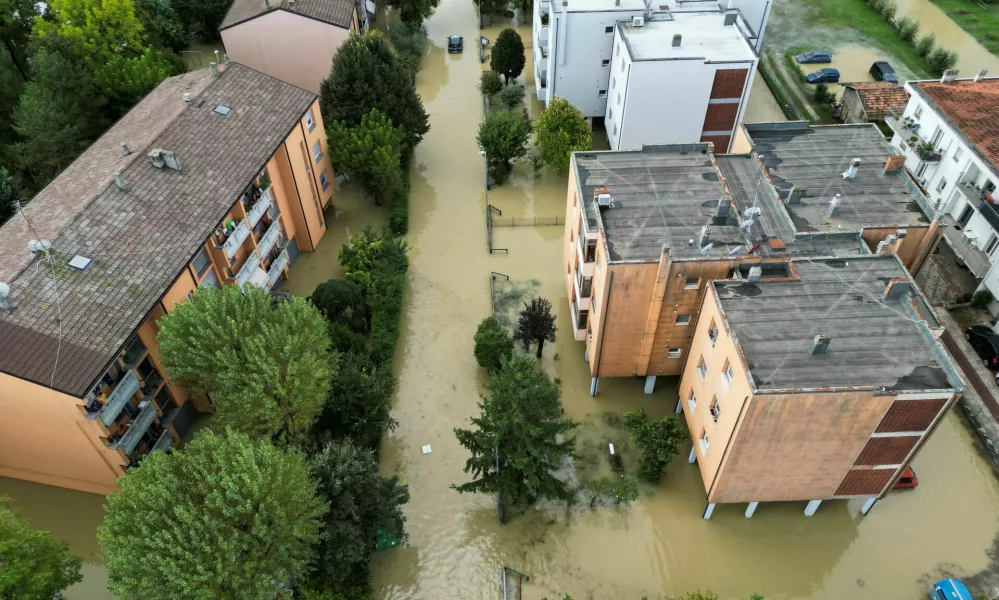 A drone view shows floaded streets as the Emilia-Romagna region experiences flooding triggered by severe weather, in Lugo, Emilia-Romagna, Italy, September 20, 2024. REUTERS/Ciro de Luca