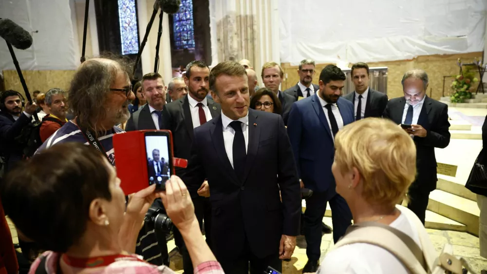 French President Emmanuel Macron visits the Chartres Cathedral as part as the European Heritage Days in Chartes, France, 20 September 2024. Yoan Valat/Pool via REUTERS