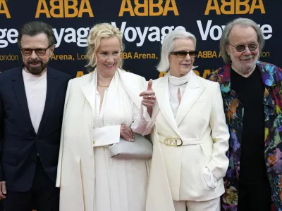 FILE - Members of ABBA, from left, Bjorn Ulvaeus, Agnetha Faltskog, Anni-Frid Lyngstad and Benny Andersson arrive for the ABBA Voyage concert at the ABBA Arena in London, Thursday May 26, 2022. The four members of the Swedish pop quartet who triumphed at the 1974 Eurovision Song Contest with the peppy love song "Waterloo" will be given one of the most prestigious knighthoods in Sweden at a ceremony on Friday, May 31, 2024. (AP Photo/Alberto Pezzali, File)