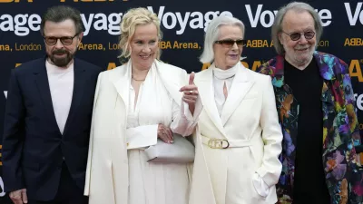 FILE - Members of ABBA, from left, Bjorn Ulvaeus, Agnetha Faltskog, Anni-Frid Lyngstad and Benny Andersson arrive for the ABBA Voyage concert at the ABBA Arena in London, Thursday May 26, 2022. The four members of the Swedish pop quartet who triumphed at the 1974 Eurovision Song Contest with the peppy love song "Waterloo" will be given one of the most prestigious knighthoods in Sweden at a ceremony on Friday, May 31, 2024. (AP Photo/Alberto Pezzali, File)