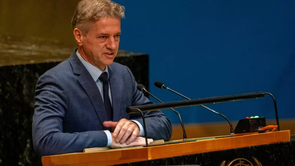 Prime Minister of Slovenia Robert Golob addresses the "Summit of the Future" in the General Assembly Hall at United Nations Headquarters in New York City, U.S., September 22, 2024. REUTERS/David Dee Delgado