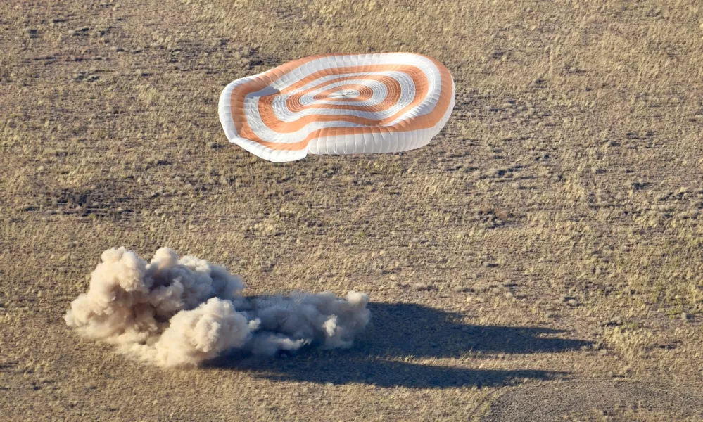 The Soyuz MS-25 space capsule carrying the International Space Station (ISS) crew, formed of Roscosmos cosmonauts Oleg Kononenko, Nikolai Chub and NASA astronaut Tracy Dyson, lands in a remote area near Zhezkazgan, Kazakhstan September 23, 2024. GCTC/Roscosmos/Handout via REUTERS ATTENTION EDITORS - THIS IMAGE HAS BEEN SUPPLIED BY A THIRD PARTY. MANDATORY CREDIT.