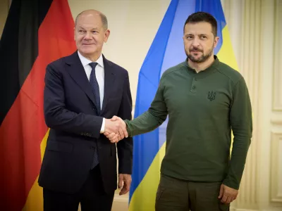 Ukraine's President Volodymyr Zelenskiy and German Chancellor Olaf Scholz shake hands before their meeting during the United Nations General Assembly summit in New York City, U.S., September 23, 2024. Ukrainian Presidential Press Service/Handout via REUTERS ATTENTION EDITORS - THIS IMAGE HAS BEEN SUPPLIED BY A THIRD PARTY.