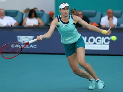 2WXT816 Elena Rybakina hits a forehand at the Miami Open on March 30, 2024 in Miami Gardens, FL. Danielle Collins defeated Elena Rybakina 7-5, 6-3 in the Women?s Singles finals. (Credit: Paul Fong/Image of Sport)