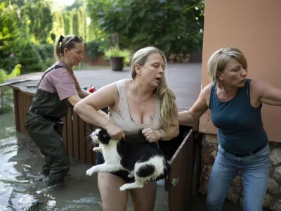 FILE - Women save a cat from floods in Szentendre, near Budapest, Hungary, Sept. 19, 2024. (AP Photo/Denes Erdos)