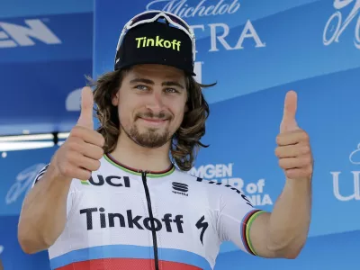 ﻿FILE - In this May 15, 2016, file photo, Peter Sagan, of Slovakia, reacts after winning stage one of the Amgen Tour of California cycling race, in San Diego. World road race champion Peter Sagan will seek Olympic gold in Rio on his mountain bike. The Slovak Olympic Committee announced Tuesday, June 7, 2016, that Sagan, one of the most popular and successful cyclists in the world, was awarded its lone starting spot in the mountain biking event at the Summer Games. (AP Photo/Gregory Bull, File)