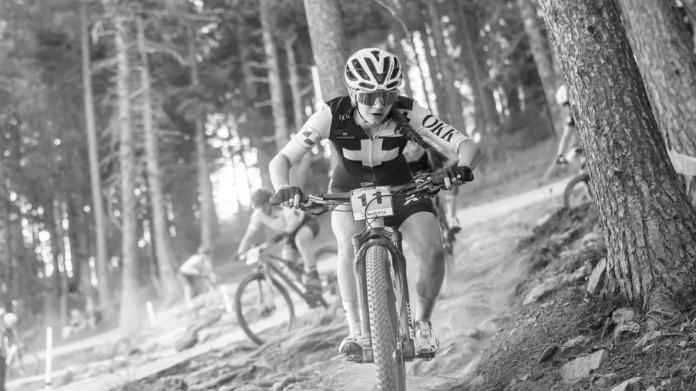 FILE - Muriel Furrer from Switzerland, in action during the UCI Cross Country Junior Women, XCO, Mountain Bike World Championship, Aug. 30, 2024, in Pal Arinsal, Andorra. (Maxime Schmid/Keystone via AP, File)