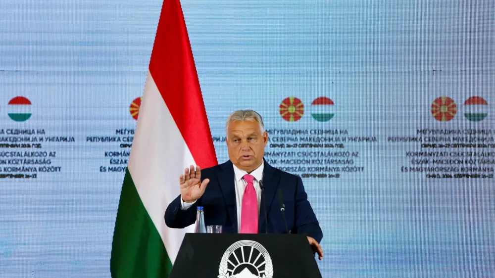 Hungarian Prime Minister Viktor Orban speaks during a press conference, in Ohrid, North Macedonia, September 27, 2024. REUTERS/Ognen Teofilovski