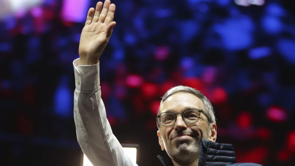 Head of the Freedom Party (FPOE) Herbert Kickl arrives for a final election campaign event at St. Stephen's square in Vienna, Austria, Friday, Sept. 27, 2024, ahead of the country's national election which will take place on Sept. 29. (AP Photo/Heinz-Peter Bader)