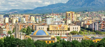 2BH10PT Cityscape over Tirana with its colorful apartment buildings, Tirana, Albania