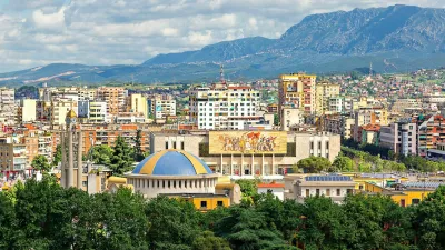 2BH10PT Cityscape over Tirana with its colorful apartment buildings, Tirana, Albania