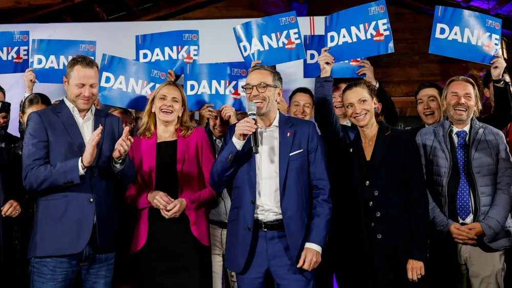 Head of Freedom Party (FPOe) Herbert Kickl speaks, as vote projections show that FPOe won the general election, in Vienna, Austria, September 29, 2024. REUTERS/Lisa Leutner   TPX IMAGES OF THE DAY