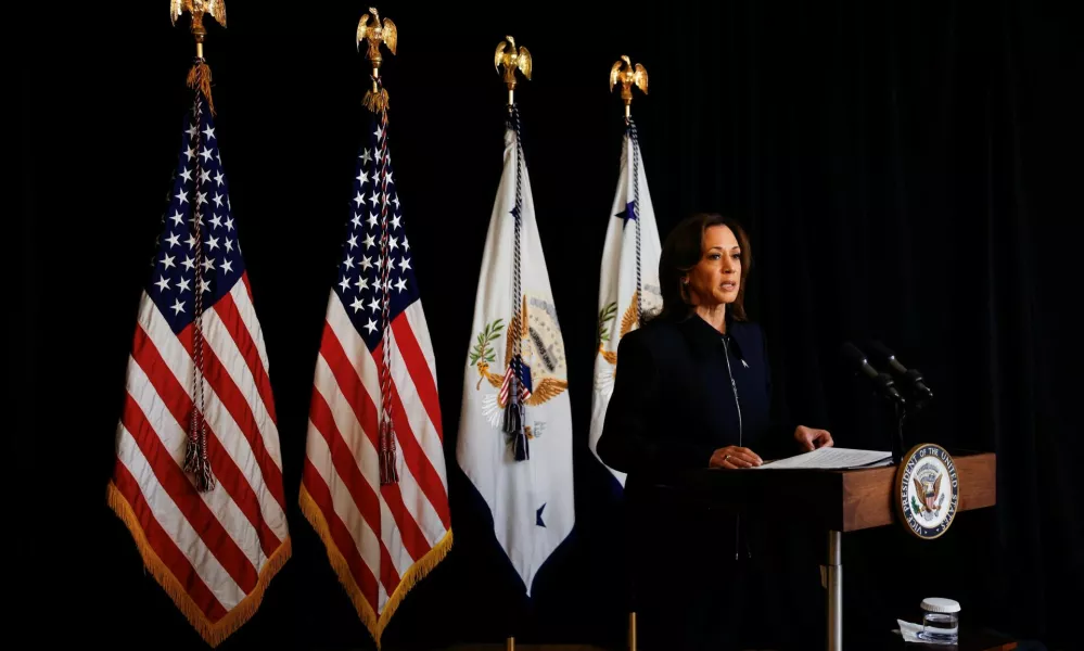 Democratic presidential nominee and U.S. Vice President Kamala Harris delivers remarks in support of Israel, during a visit to Josephine Butler Park Center in Washington, U.S., October 1, 2024. REUTERS/Evelyn Hockstein