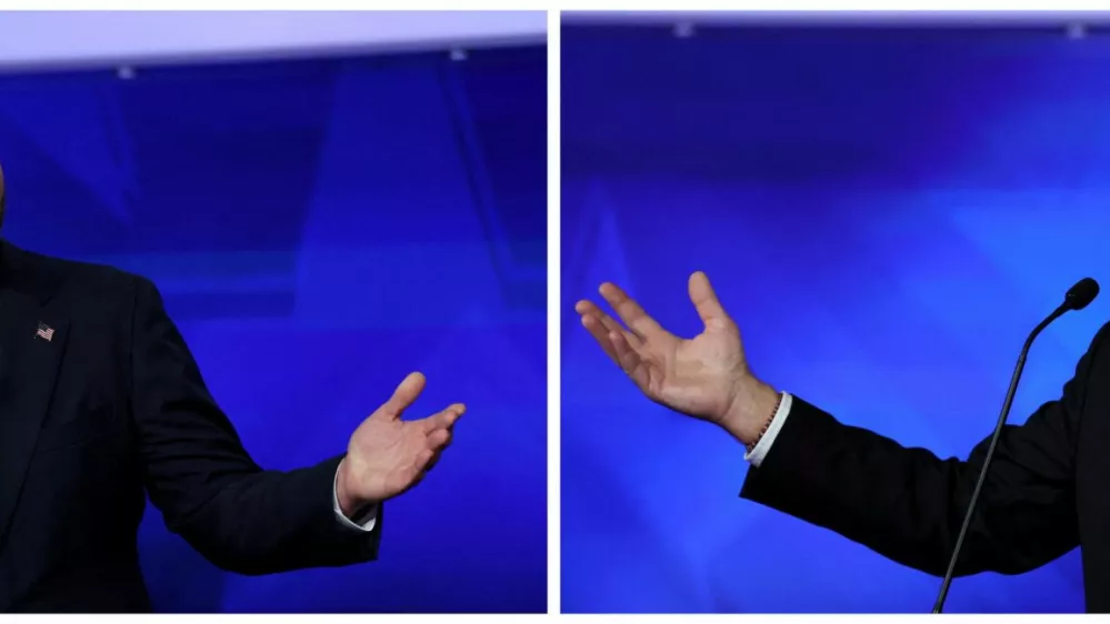 Combination image of Republican vice presidential nominee U.S. Senator JD Vance (R-OH) attending a debate with Democratic vice presidential nominee Minnesota Governor Tim Walz hosted by CBS in New York, U.S., October 1, 2024. REUTERS/Mike Segar