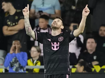 Oct 2, 2024; Columbus, OH, USA; Inter Miami CF forward Lionel Messi (10) celebrates his second of two goals during the first half of the MLS soccer game against the Columbus Crew at Lower.com Field. Mandatory Credit: Adam Cairns-USA TODAY Network via Imagn Images