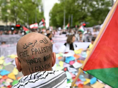 Protesters gather during a rally in support of Palestinians in Melbourne, Australia, October 6, 2024.  AAP/ James Ross via REUTERS  ATTENTION EDITORS - THIS IMAGE WAS PROVIDED BY A THIRD PARTY. NO RESALES. NO ARCHIVE. AUSTRALIA OUT. NEW ZEALAND OUT. NO COMMERCIAL OR EDITORIAL SALES IN NEW ZEALAND. NO COMMERCIAL OR EDITORIAL SALES IN AUSTRALIA.