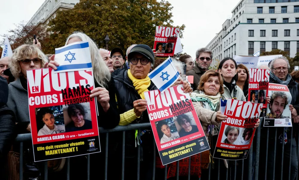 People protest in support of the hostages kidnapped during the deadly October 7 attack by Hamas, ahead of the one year anniversary of the attack, in Paris, France, October 6, 2024. REUTERS/Benoit Tessier