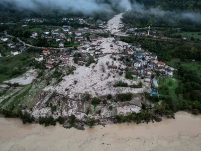 A drone view shows a flooded residential area in Donja Jablanica, Bosnia and Herzegovina, October 5, 2024.REUTERS/Marko Djurica