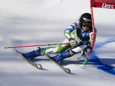 Slovenia's Ana Bucik speeds down the course during an alpine ski, women's World Cup giant slalom race, in Lienz, Austria, Thursday, Dec. 28, 2023. (AP Photo/Pier Marco Tacca)